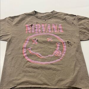 NIRVANA Kids Distressed Brown Tee with Pink Graphic
